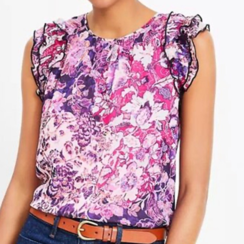 LOFT Floral Ruffle Sleeve Blouse - Pink and Purple